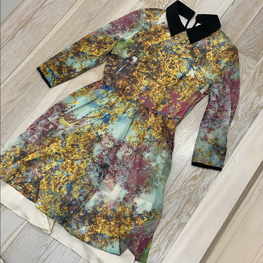 Ted Baker Eponi Dress Tree Bird Print Blue, Yellow + Pink size 1 (US size 4)